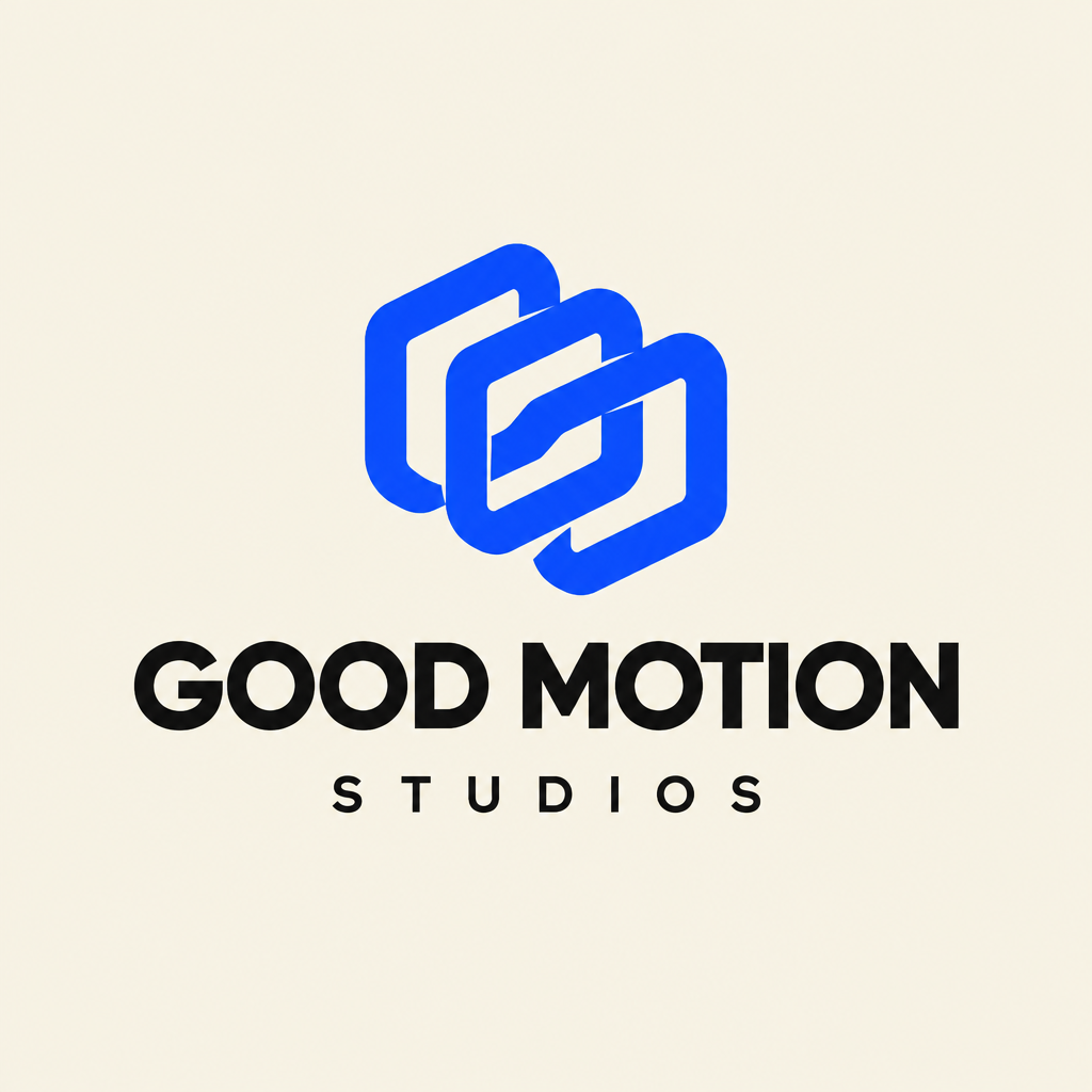 Good Motion Studios: three overlapping cobalt-blue frames